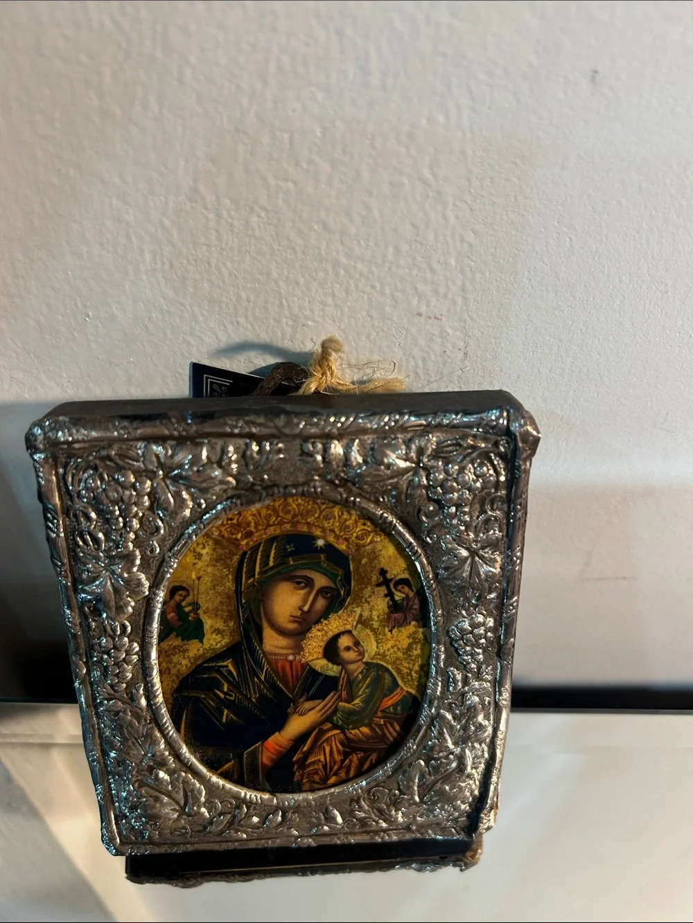 Religious Icon Plaque with Silver Embossed Frame - Gold and Blue 4.5” x 4”